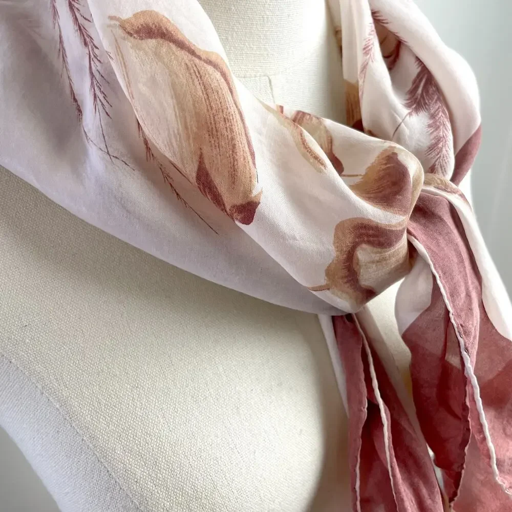 Vintage 70s Silk Scarf Square Neutral Brown Floral Border Print Quiet Luxury